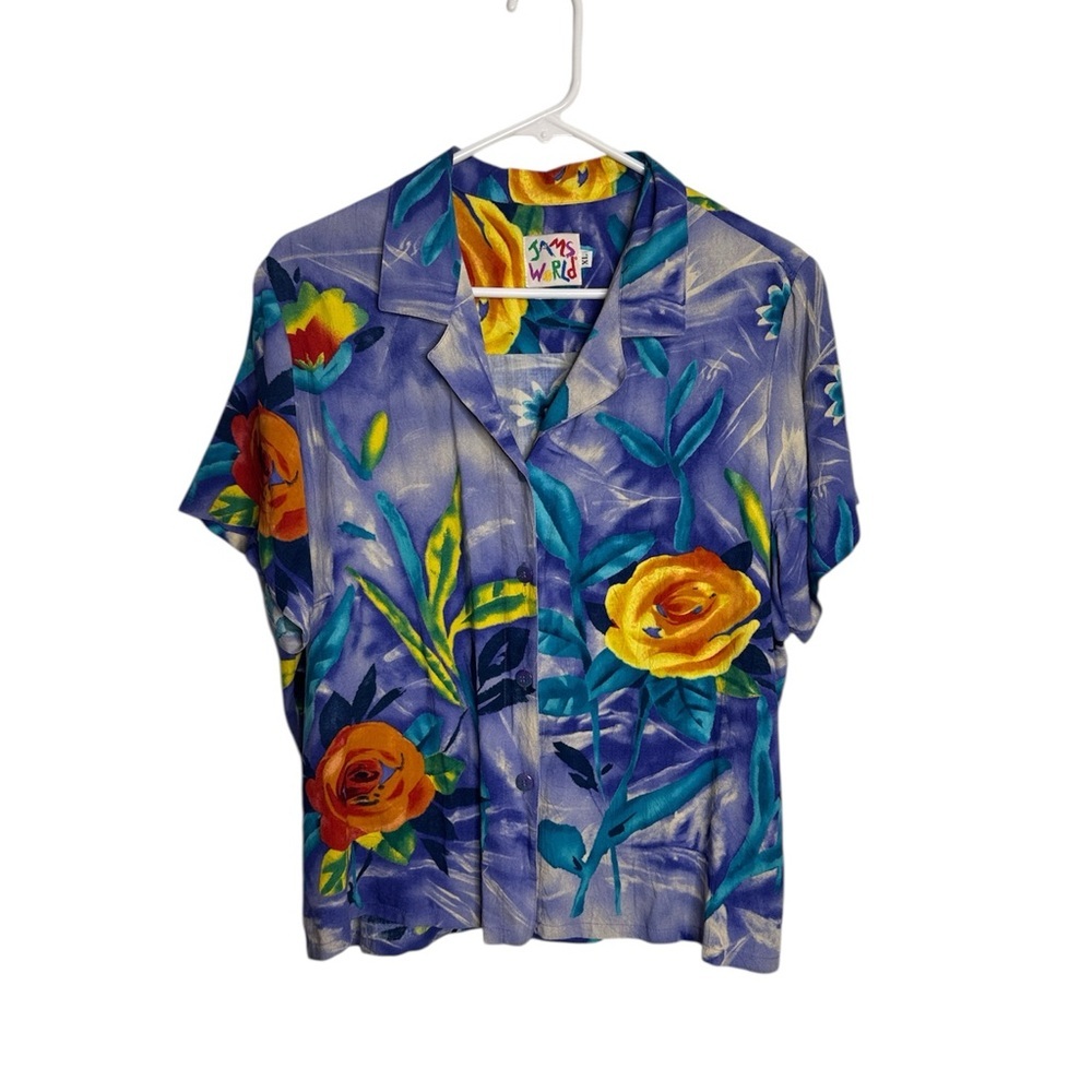 Jams World Vintage Velvet Rose Floral Button Front Blouse Shirt size XL Tropical